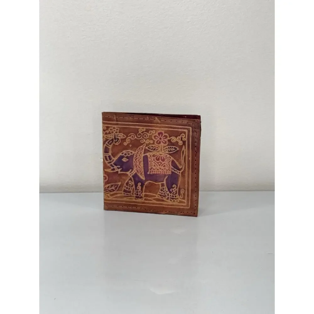 Vintage 3-Piece Leather Elephant Clutch Wallet Coin Hand Tooled India